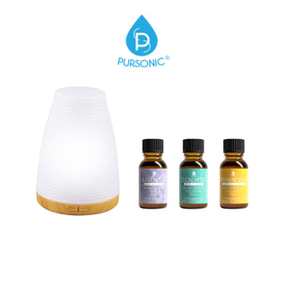 A Pursonic diffuser with a wooden base, emitting a soft white light, is displayed beside three essential oil bottles labeled Lavender, Eucalyptus, and Frankincense. The Pursonic logo is visible above the products.