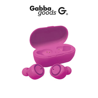 Image of a pair of pink wireless earbuds with a matching pink charging case, under the brand name "Gabba Goods." The case is open and the earbuds are positioned in front of it.