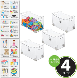 Rolling Organizer Bin with Labels (4-Pack) - Clear