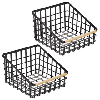 Flat Wire Slanted Basket with Wooden Handles (4-Pack) - Matte Black
