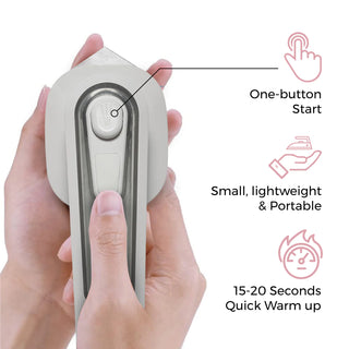 Image of the Pursonic Portable Electric Travel Iron being held with one hand, featuring a convenient one-button start. Text highlights the iron's compact design, lightweight and portable features, along with a quick heat-up time of 15-20 seconds.