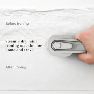A hand holding the Pursonic Portable Electric Travel Iron with its compact design is shown ironing a wrinkled white cloth. On the left side of the image, the text "Before Ironing" points to the wrinkled area, while "After Ironing" highlights the smooth, ironed section. This device boasts quick heat-up and global voltage compatibility.
