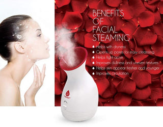 A woman with closed eyes enjoys a Pore Purifying Facial Steamer session by Pursonic. The text over a background of red rose petals lists benefits: helps with dryness, opens up pores for easy cleansing and blackhead removal, fights acne, improves dullness and texture, appears fresher and younger, improves circulation.