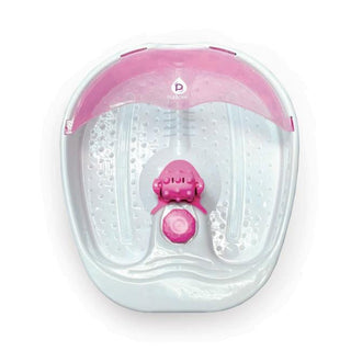 An empty Pursonic Foot Spa Massager with Tea Tree Oil Soak featuring a white and pink design, textured surface, and central massaging mechanism. The brand logo is prominently displayed on the upper inner wall. Its slightly raised edges and oval shape make it a perfect addition for enhancing your luxury foot bath experience.
