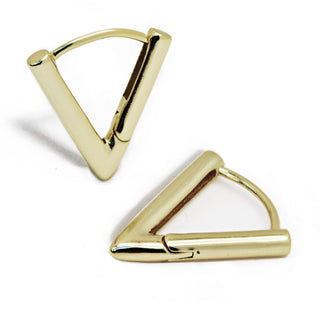 Introducing the Achieve Triangle Huggie Earrings by Sonia Hou Jewelry, crafted in a sleek gold finish. These earrings, designed as angled triangles, feature a minimalist style where one side forms a smooth arc connecting the triangular corners. These elegant pieces serve as a motivational reminder to embrace change with style and confidence.