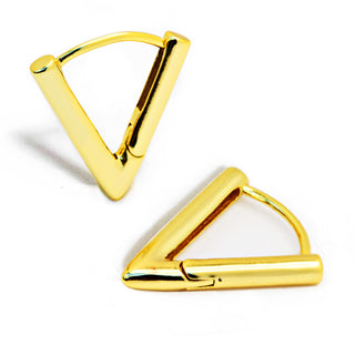 The Achieve Triangle Huggie Earrings by Sonia Hou Jewelry feature two gold triangular hoops, each forming a geometric triangle shape with rounded edges. One earring is upright while the other lies down, showcasing the hinge mechanism for wearing. The gold finish gleams brilliantly against a white background, serving as a motivational reminder to embrace change.
