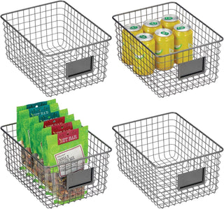 Square Steel Wired Storage Organizer Basket with Label Slot (4-Pack) - Graphite