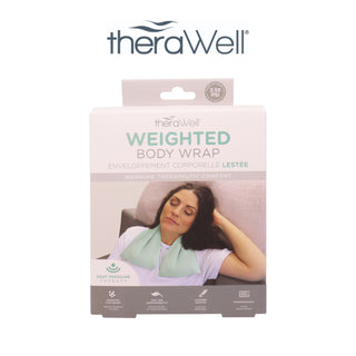 Packaging of a TheraWell Weighted Neck & Body Wrap. The box features a photo of a woman relaxing on a couch with the wrap draped over her shoulders. The text reads "TheraWell Weighted Neck & Body Wrap" and highlights "warming therapeutic comfort," "deep pressure therapy," and "hot & cold therapy" benefits for muscle pain relief.