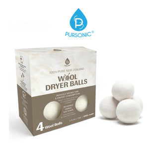 The image shows a box of Pursonic Eco-Friendly Wool Dryer Balls (4-Pack), labeled "100% Pure New Zealand Wool Dryer Balls," containing four non-toxic dryer balls. Next to the box are three white wool dryer balls, and above it is the Pursonic logo, a water droplet shape.
