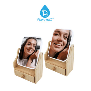 Two Pursonic Vanity Mirrors with Storage Drawers, ideal for your beauty routine. Each rectangular mirror, set in a wooden stand, features a picture of a smiling woman and includes a small drawer at the bottom. The mirrors are branded with the Pursonic logo, showcasing a blue water droplet containing the letters "P" and "B".