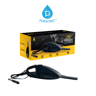 Image of a Pursonic Handheld Car Vacuum Cleaner (with Adapter Included). The product packaging, primarily in yellow and black, showcases the compact vacuum cleaner. In front, the actual black vacuum cleaner with its cord and nozzle attachment is displayed, boasting a washable reusable filter and 1800PA super suction. The Pursonic logo is placed above the packaging.
