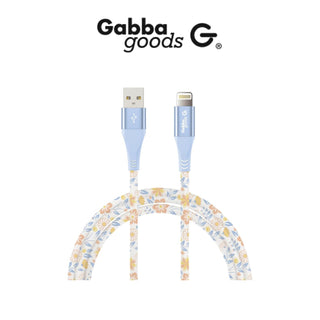 A 10' Lightning Sync & Charge Cable by Gabba Goods, featuring a floral pattern with pastel blue, yellow, and orange flowers, is shown. The connectors are blue and display the Gabba Goods logo. This MFi Certified cable ensures safe charging with its original chip. The brand name "Gabba Goods" along with the logo "Gabba goods G" are displayed above the cable.