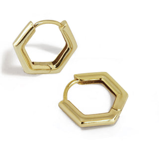 The Innovate Hexagon Mini Hoop Earrings by Sonia Hou Jewelry are showcased against a white background. These gold geometric hexagon shape earrings feature a sleek, modern design with smooth edges and a hinged clasp for easy fastening.