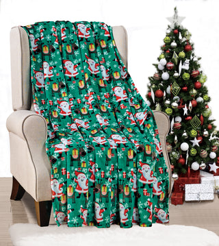 Ultra Soft Microplush Throw Blanket with Green Joyful Santa