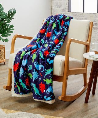 Navy Dino Throw Blanket with Sherpa 50x60