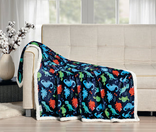 Navy Dino Throw Blanket with Sherpa 50x60