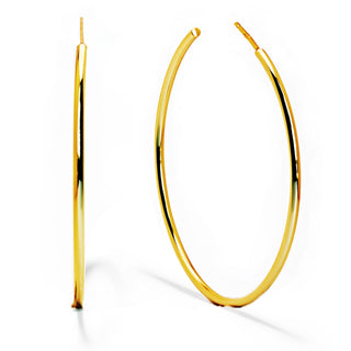 A pair of sleek, thin gold hoop earrings from Sonia Hou Jewelry’s Perfect Hoop Earrings collection is shown against a white background. One hoop is displayed vertically while the other is positioned horizontally, highlighting the simple and elegant design of these quality-crafted earrings.