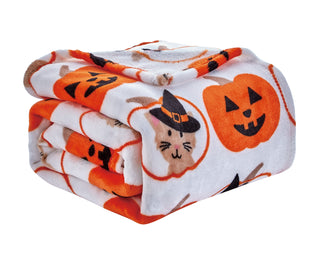 Ultra Soft Microplush Throw Blanket with Pumpkin and Witch Cat