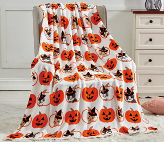 Ultra Soft Microplush Throw Blanket with Pumpkin and Witch Cat