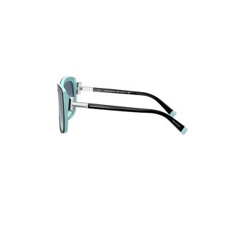 A pair of Classic Square Sunglasses by Tiffany, featuring black rims with Tiffany blue gradient lenses and light blue accents, sits against a plain black background. The arms, made from premium acetate, are bent inward, revealing the inner design.