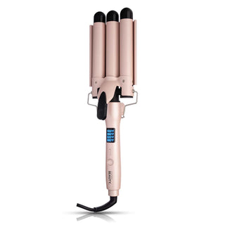 The Cortex 2in1 Digital & Foldable Triple Barrel Waver, featuring a pink design with black tips, offers dual functionality and includes a digital display, adjustable temperature settings for effortless glam waves, and a swivel cord.