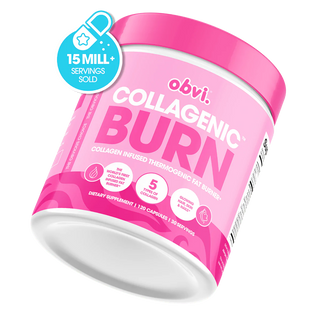 A pink and white container of Obvi’s Collagenic™ Fat Burner Capsules, a collagen-infused thermogenic fat burner designed for weight loss. The label highlights its five patented ingredients, with a badge indicating "15 mill+ servings sold." The container holds 120 capsules, providing 30 servings.