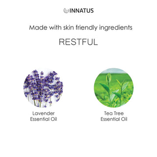 A promotional image for INNATUS featuring their product "All-Natural Pillow & Linen Spray (Lavender)," an aromatherapy spray made with skin-friendly ingredients. The image displays two essential oils: lavender essential oil shown with lavender flowers on the left and tea tree essential oil shown with tea tree leaves on the right.
